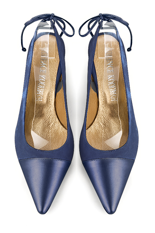 Prussian blue women's slingback shoes. Pointed toe. Medium comma heels. Top view - Florence KOOIJMAN
